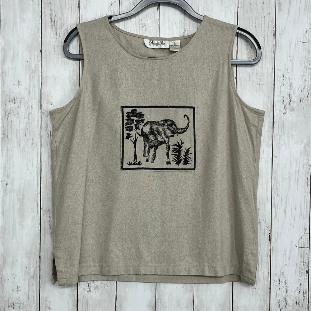 Vintage Selene Sport Sleeveless Tank Top Silk Neutral Elephant Graphic Safari